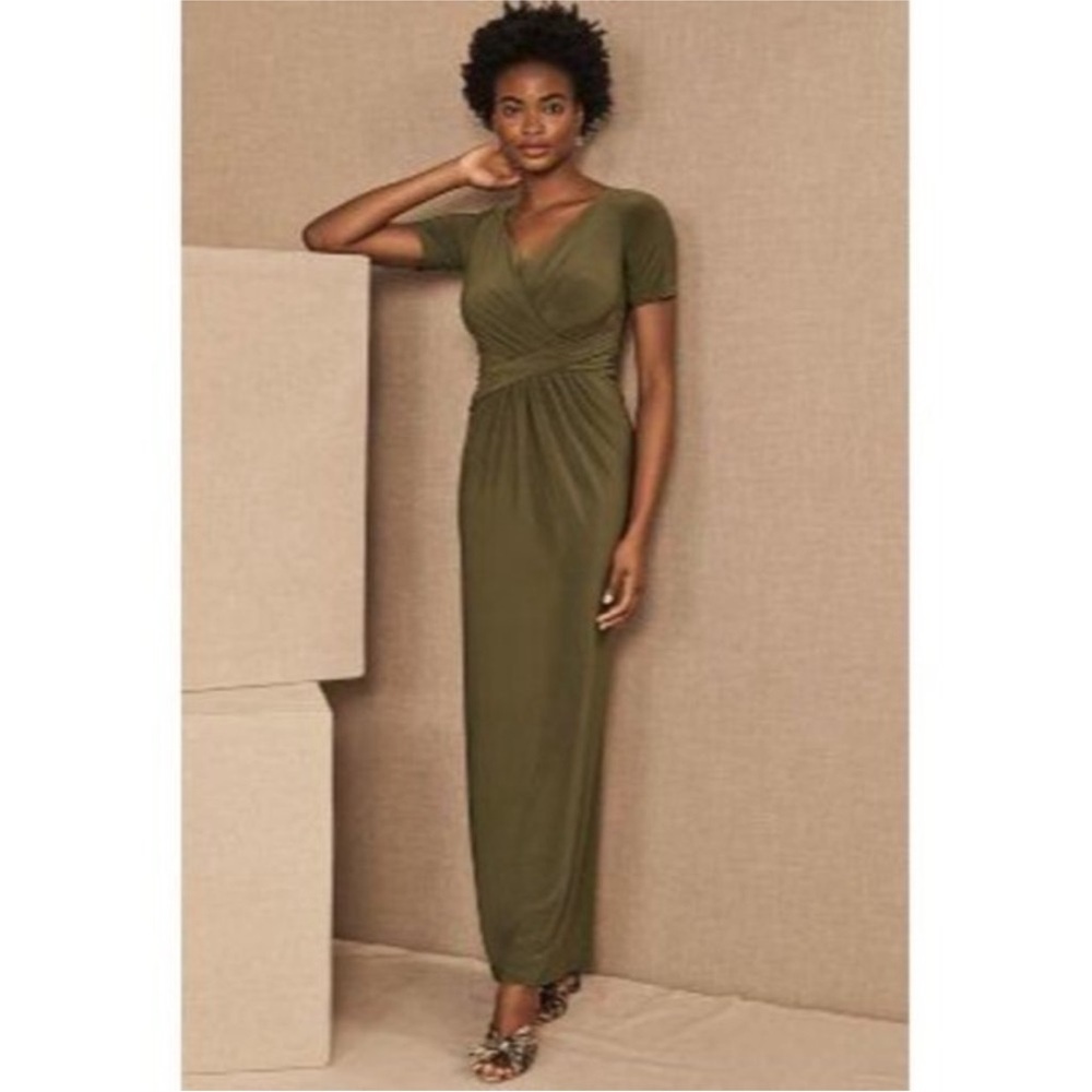 NWT Anthropologie BHLDN Chelle Surplice V-Neck Sheath Maxi Dress Formal Olive 4